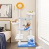 Multi-level ocean-themed cat tree tower in blue with sisal scratching posts, hammock, and playful fish-shaped toys.