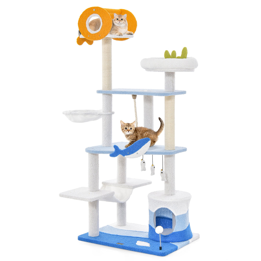 Multi-level ocean-themed cat tree tower in blue with sisal scratching posts, featuring a perch, hammock, and.