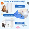Multi-level cat tree tower in blue with sisal scratching posts, interactive spring ball, and fish-shaped hanging toys.