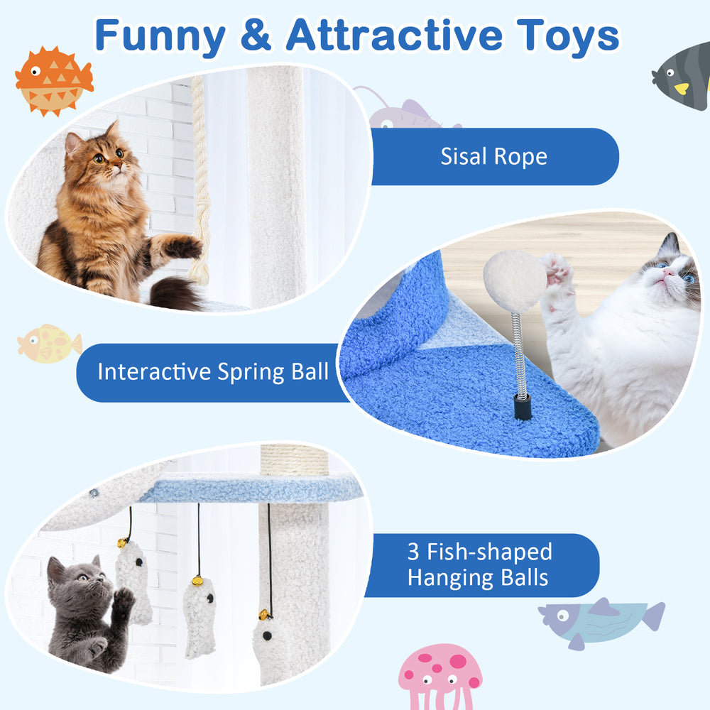 Multi-level cat tree tower in blue with sisal scratching posts, interactive spring ball, and fish-shaped hanging toys.