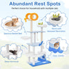 Multi-level blue cat tree tower with sisal scratching posts, featuring a spacious basket bed and ocean-themed design.