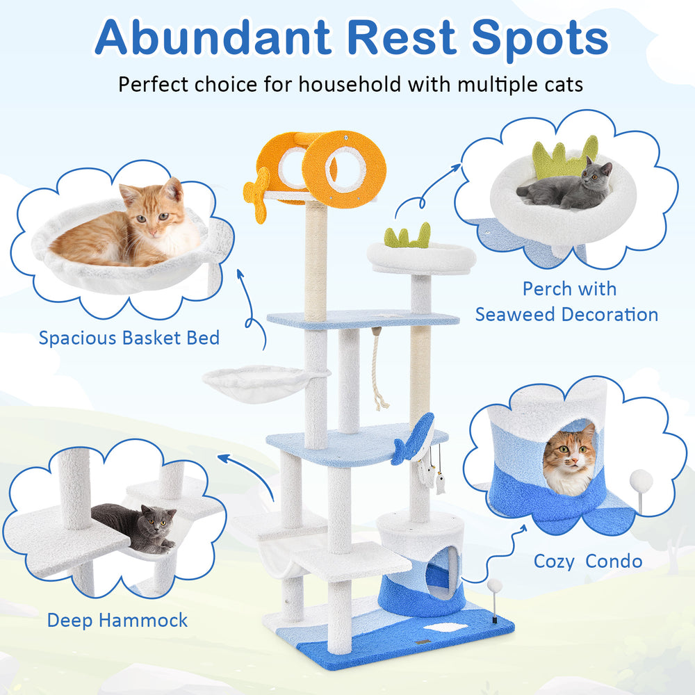 Multi-level blue cat tree tower with sisal scratching posts, featuring a spacious basket bed and ocean-themed design.