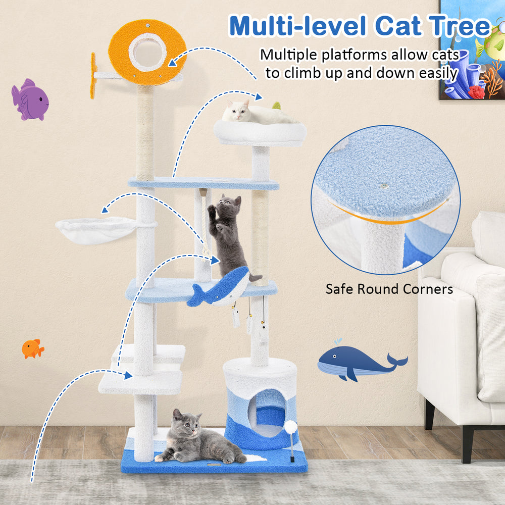 Multi-level ocean-themed cat tree in blue with sisal scratching posts, featuring platforms and cozy spaces for cats.