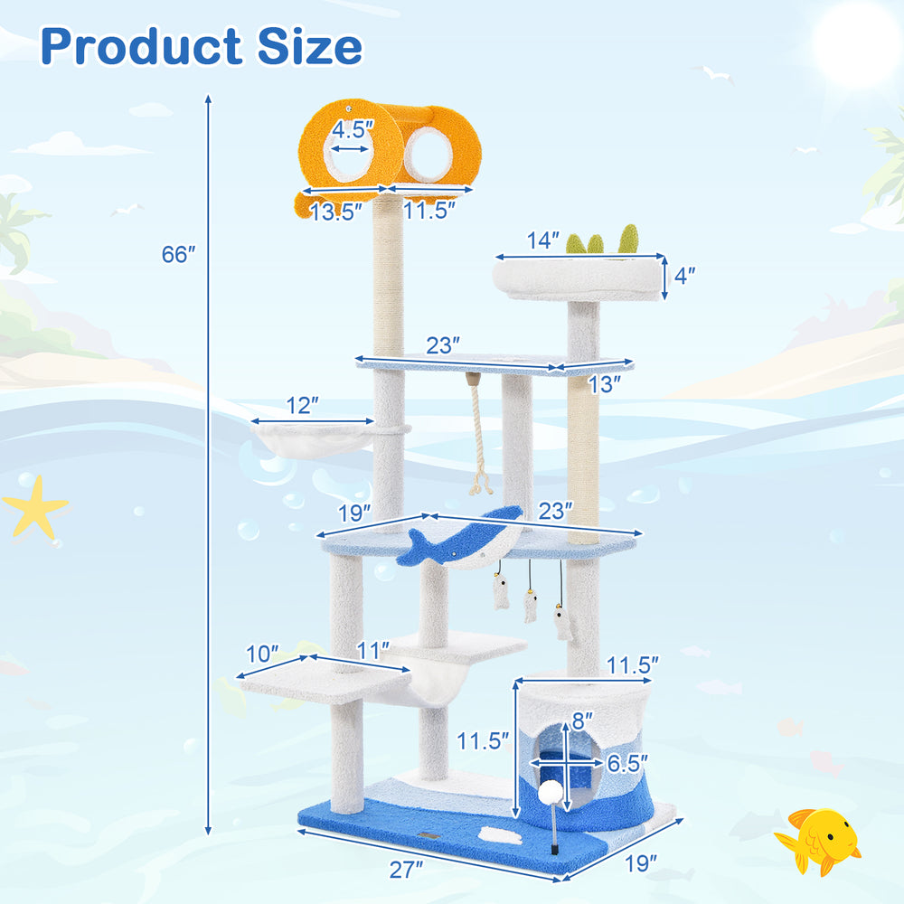 Multi-level ocean-themed cat tree tower in blue with sisal scratching posts and playful fish-shaped hanging balls.