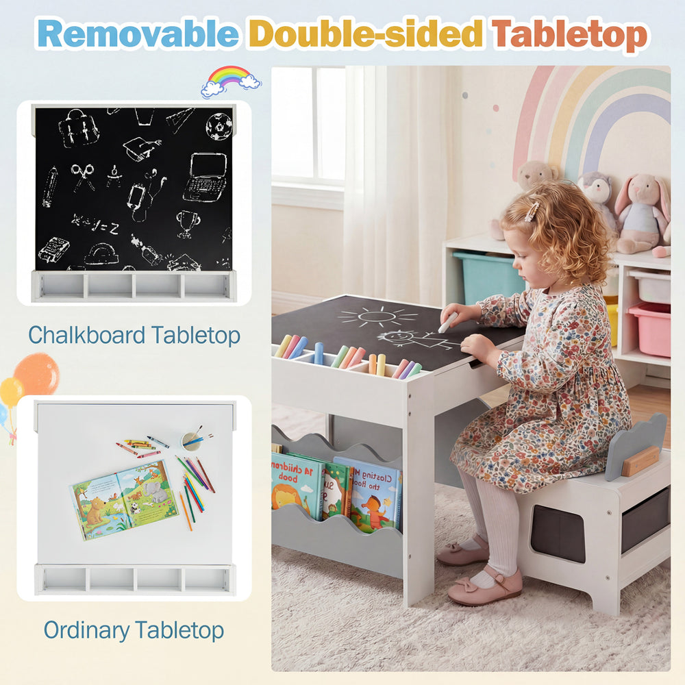 Multi-purpose kids table set featuring a removable double-sided tabletop with chalkboard and smooth surface for.