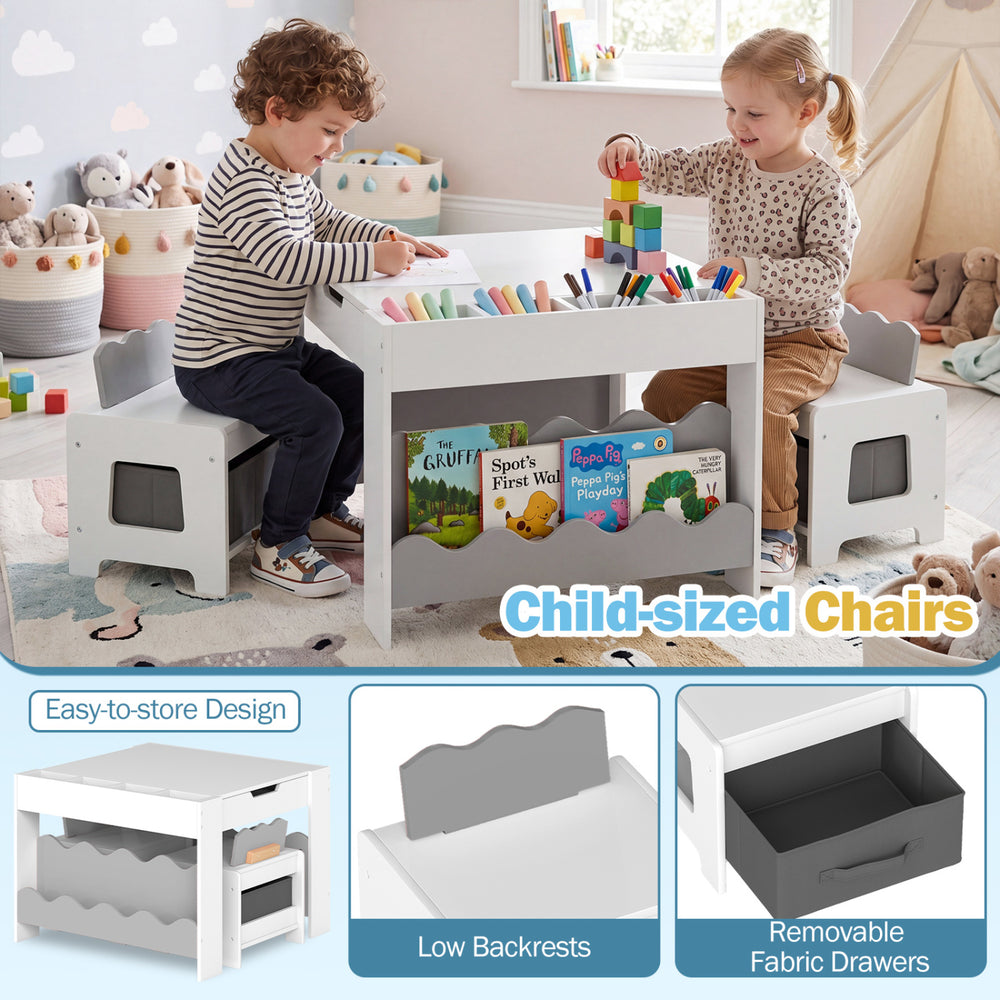 Multi-purpose kids table and chairs set with gray finish, featuring a reversible tabletop and storage compartments for.