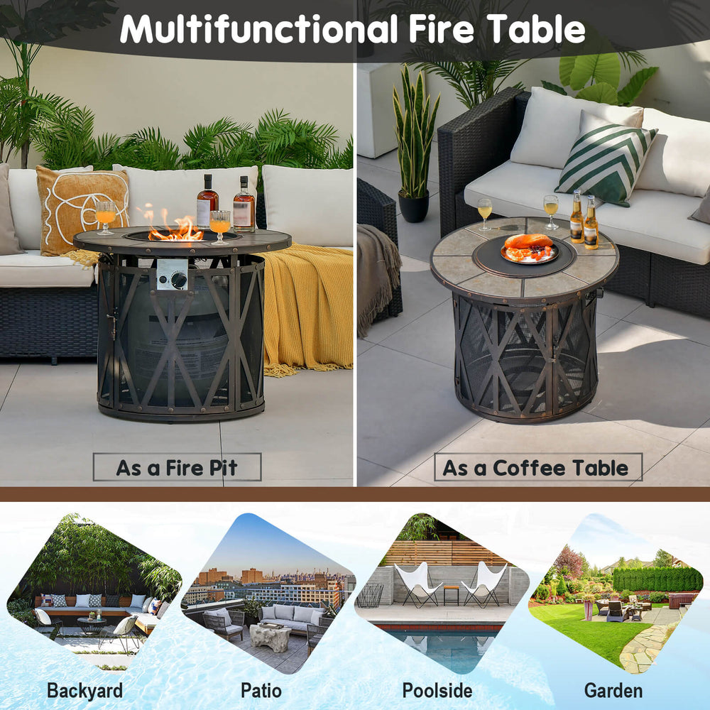 32-inch fire pit table with fire glasses, featuring a heavy-duty metal frame, for backyard or patio use.