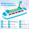31-key kids piano keyboard toy in blue with microphone, featuring 8 tones and 22 demos for musical fun and learning.