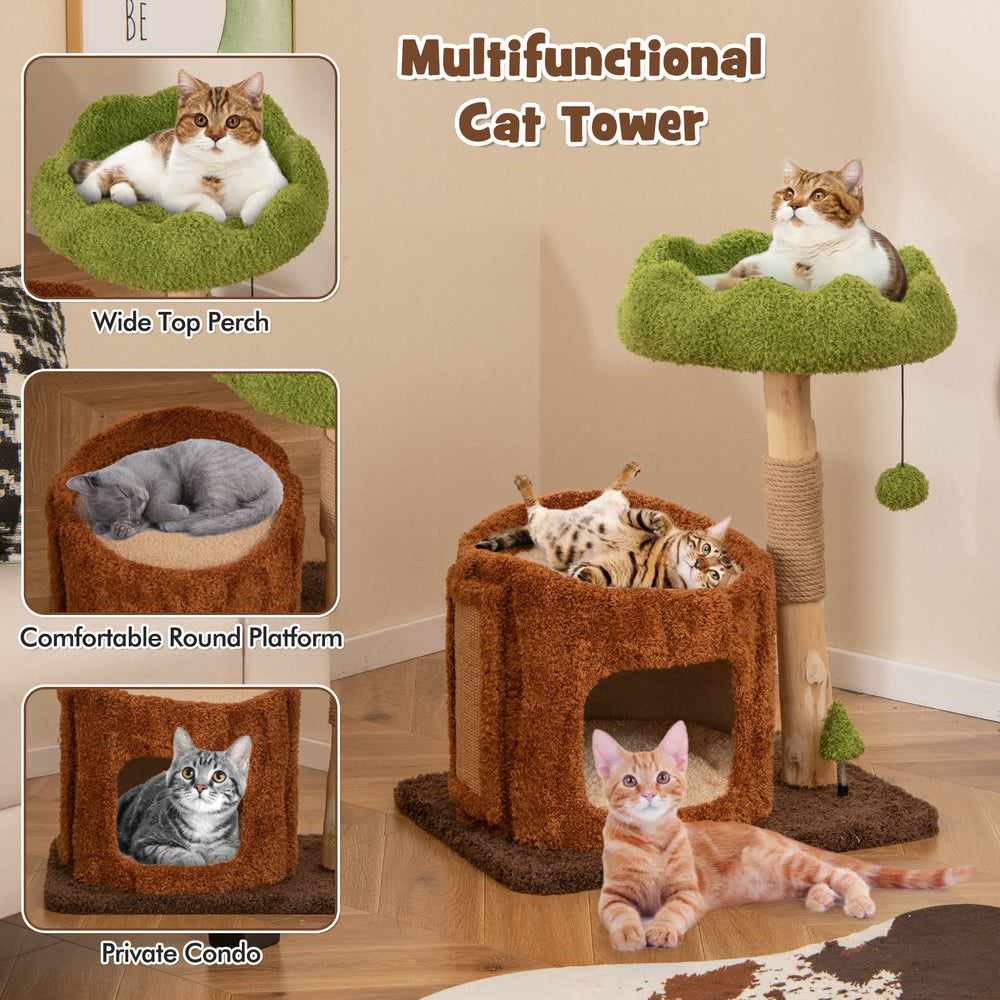 Multifunctional cat tower with wide top perch, private condo, and sisal scratching posts for feline relaxation and play.