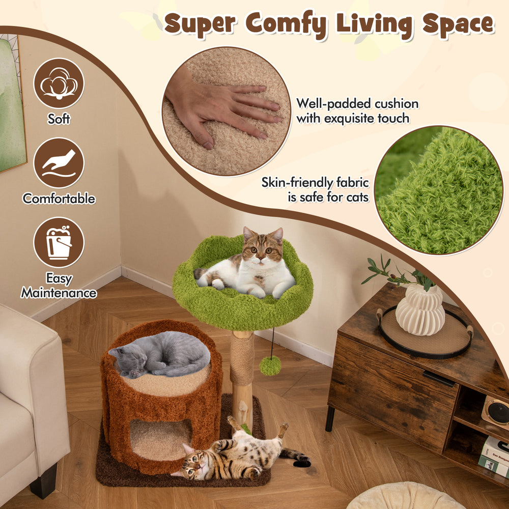Multifunctional cat tree in brown with a cozy top perch, plush cushions, and a sisal scratching post for feline fun.