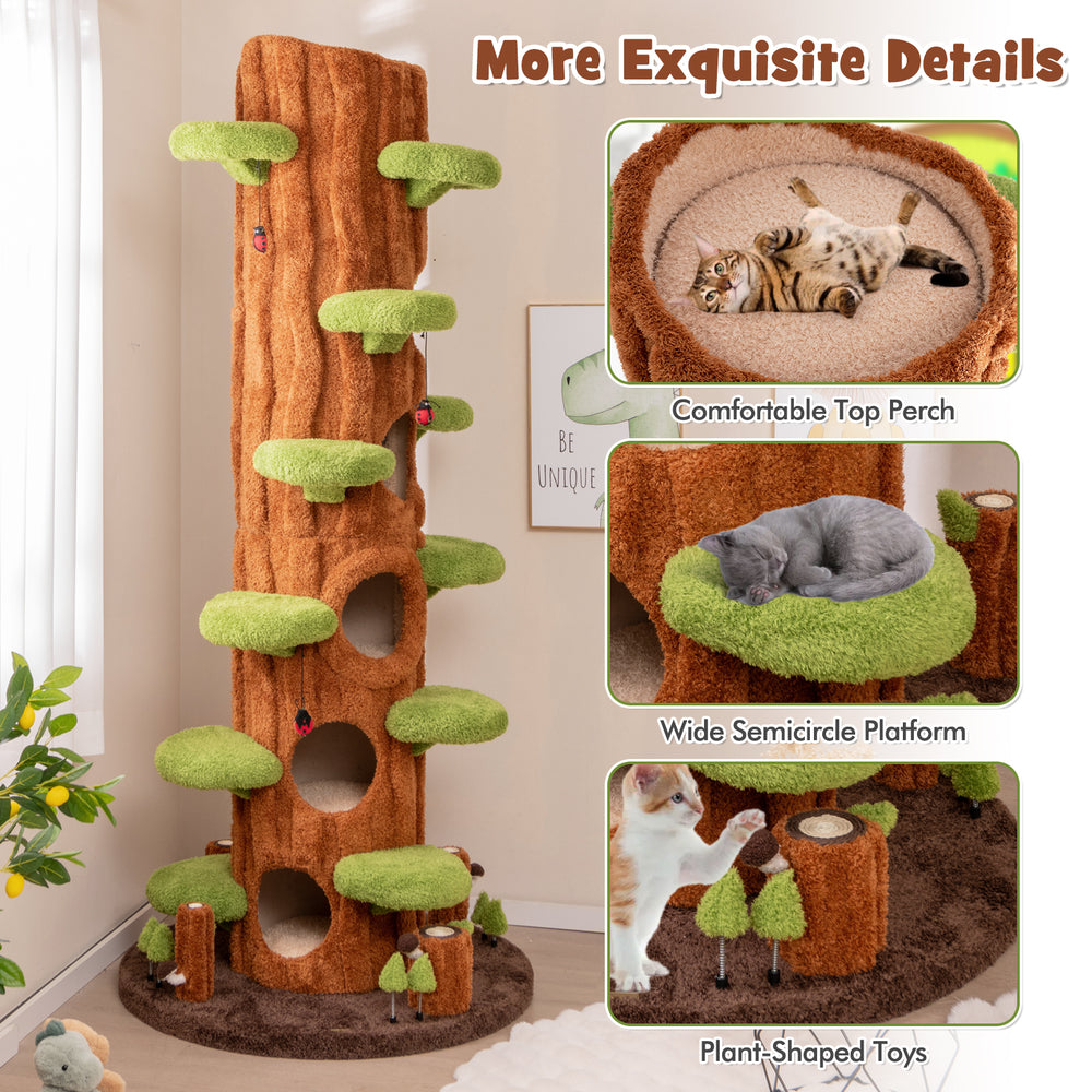 90.5-inch tall multifunctional cat tree in brown with private condos, plush cushions, and plant-shaped toys for indoor.