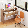 Extendable computer desk in natural finish with pull-out secondary desk, featuring two drawers and a top shelf for.