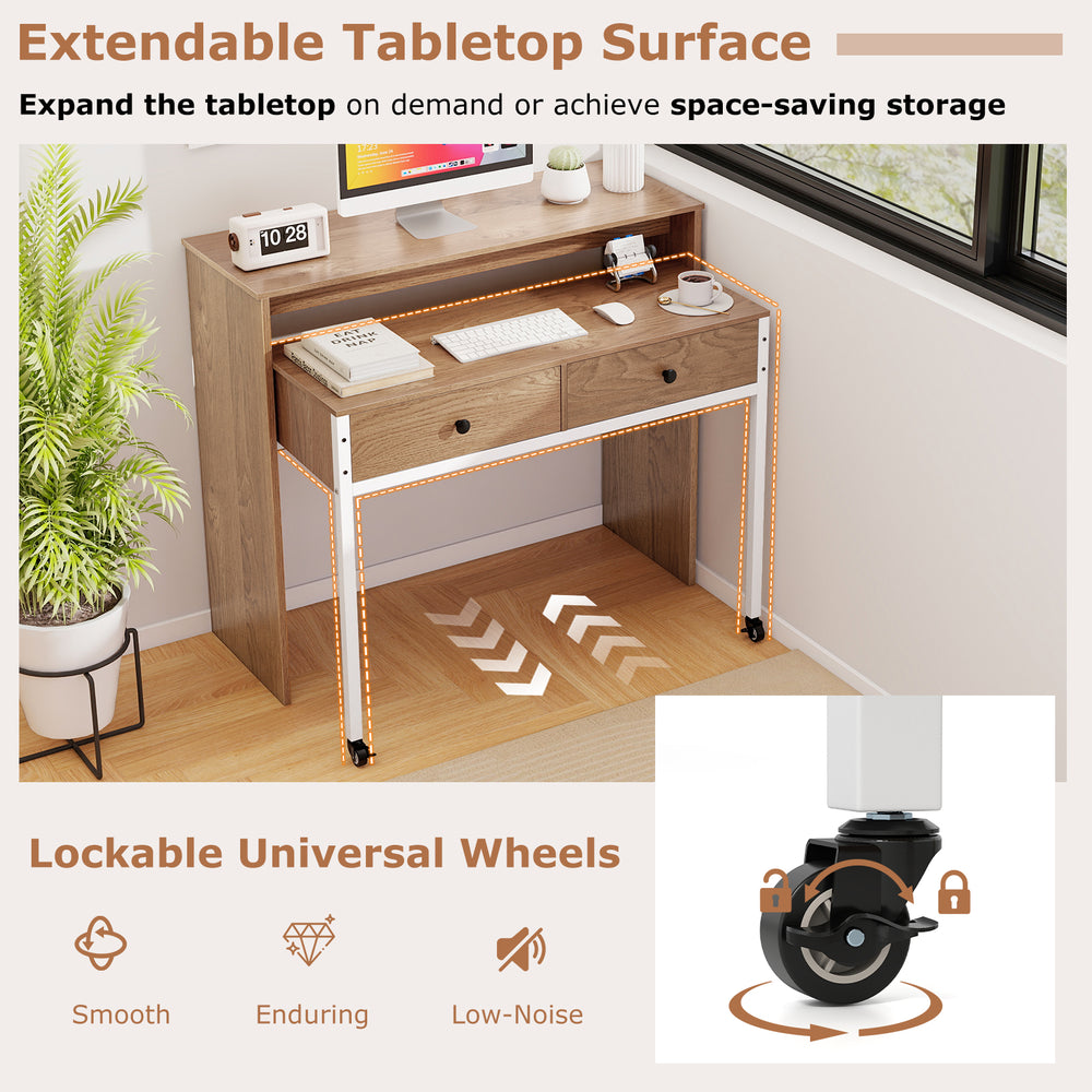 Extendable computer desk in natural finish with pull-out secondary desk and lockable wheels, perfect for space-saving.