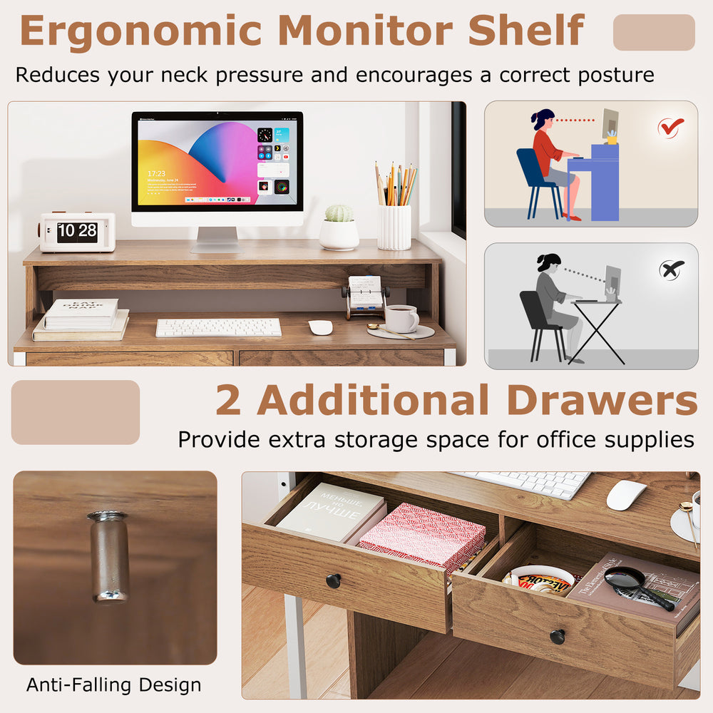Extendable computer desk in natural finish with pull-out secondary desk and two drawers for efficient storage and.