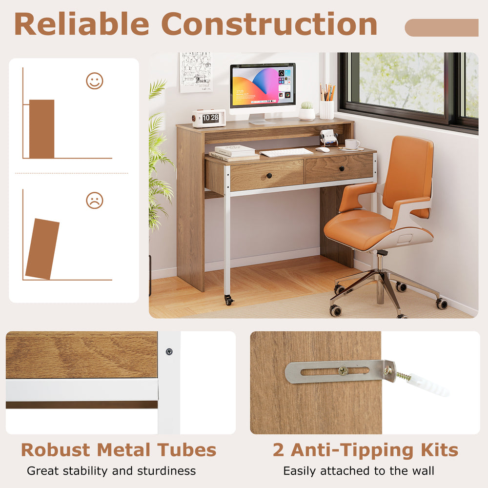 Extendable computer desk in natural finish with pull-out secondary desk and two drawers, perfect for space-saving in.