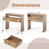 Extendable computer desk in natural finish with dimensions, featuring a pull-out secondary desk and two drawers for.
