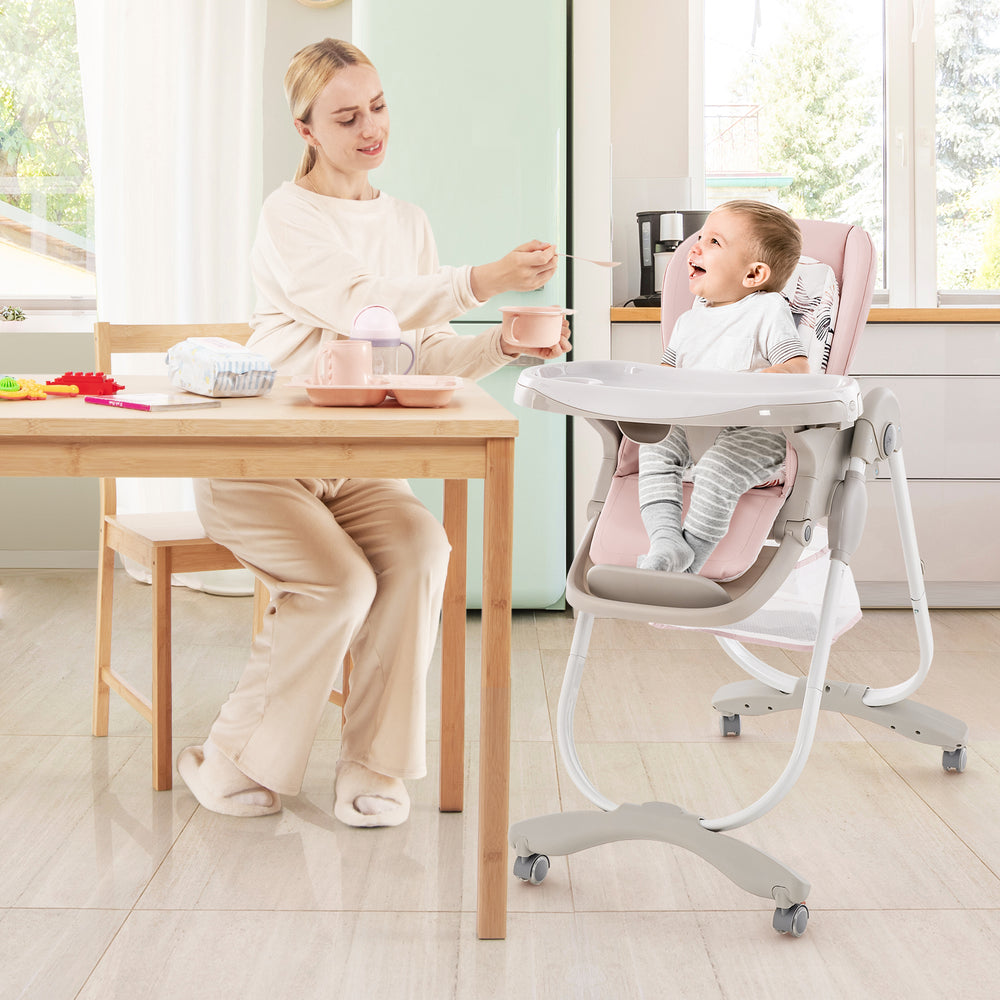 Multifunctional Folding Baby High Chair with Rolling Wheels and Adjustable Height-Pink - Gallery View 1 of 10