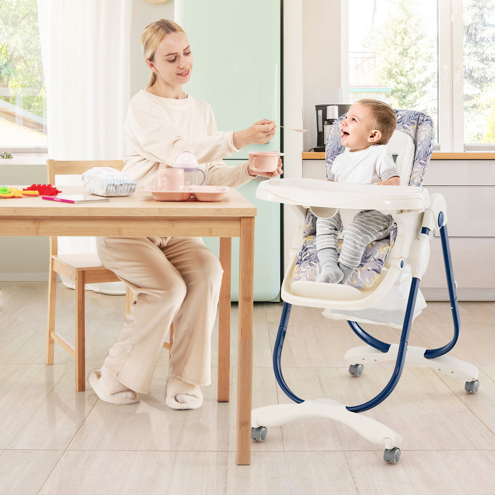 Multifunctional Folding Baby High Chair with Rolling Wheels and Adjustable Height-Navy - Gallery View 1 of 10
