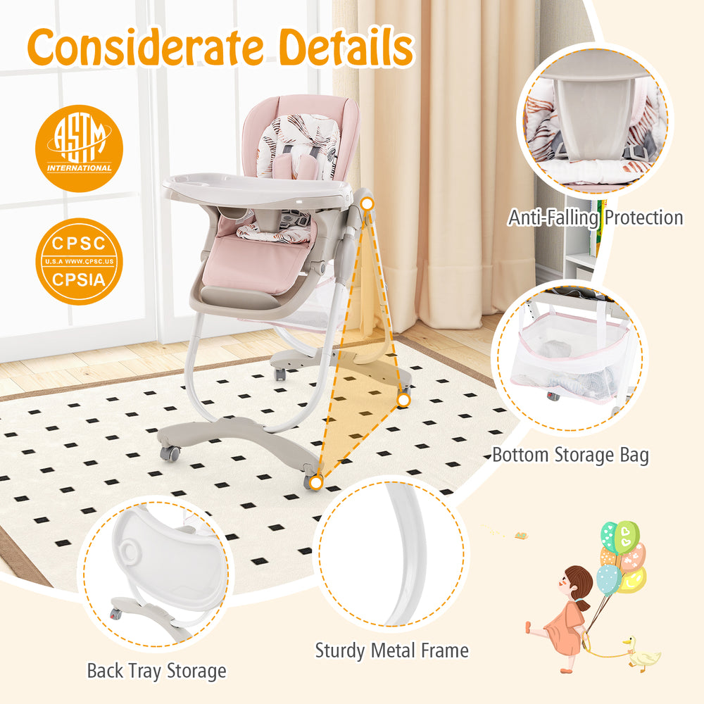 Multifunctional pink baby high chair with adjustable height, rolling wheels, and removable tray for easy cleaning and.