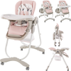 Pink multifunctional baby high chair featuring a cozy and removable cushion, adjustable backrest, and convenient bottom.