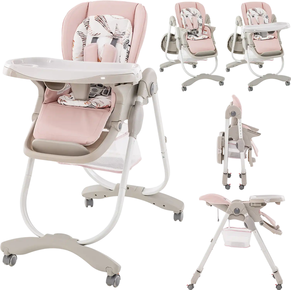 Pink multifunctional baby high chair featuring a cozy and removable cushion, adjustable backrest, and convenient bottom.