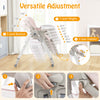 Adjustable pink baby high chair showing 7 height levels, 3 backrest positions, and 3-footrest settings for comfort.