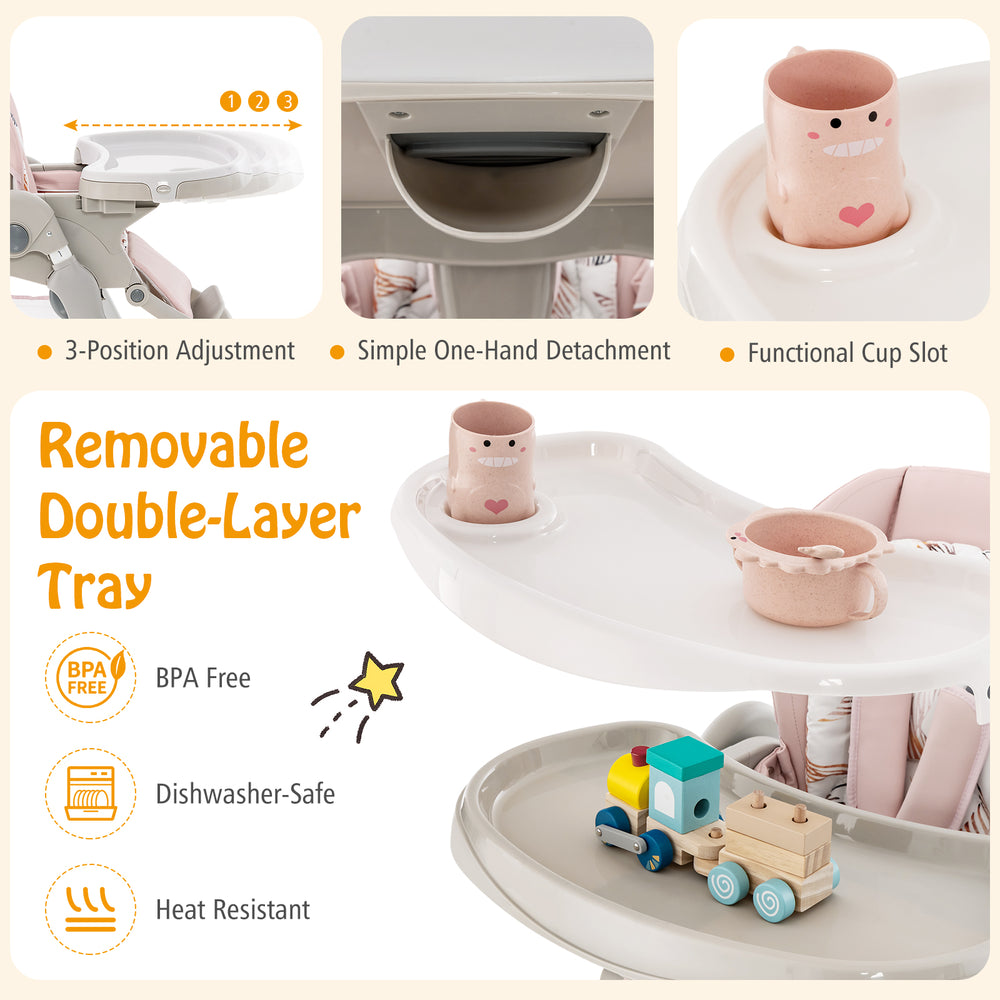Removable double-layer tray of the pink multifunctional baby high chair, featuring a cup slot and BPA-free material.