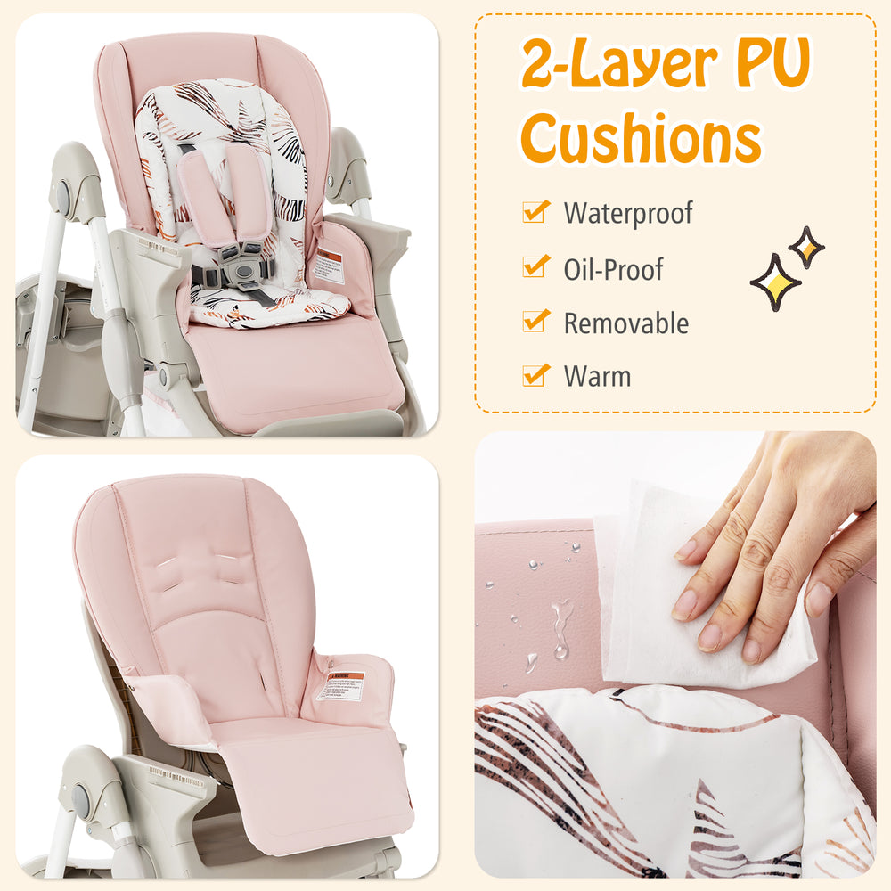 Multifunctional pink baby high chair with removable waterproof cushions, adjustable height, and rolling wheels for.