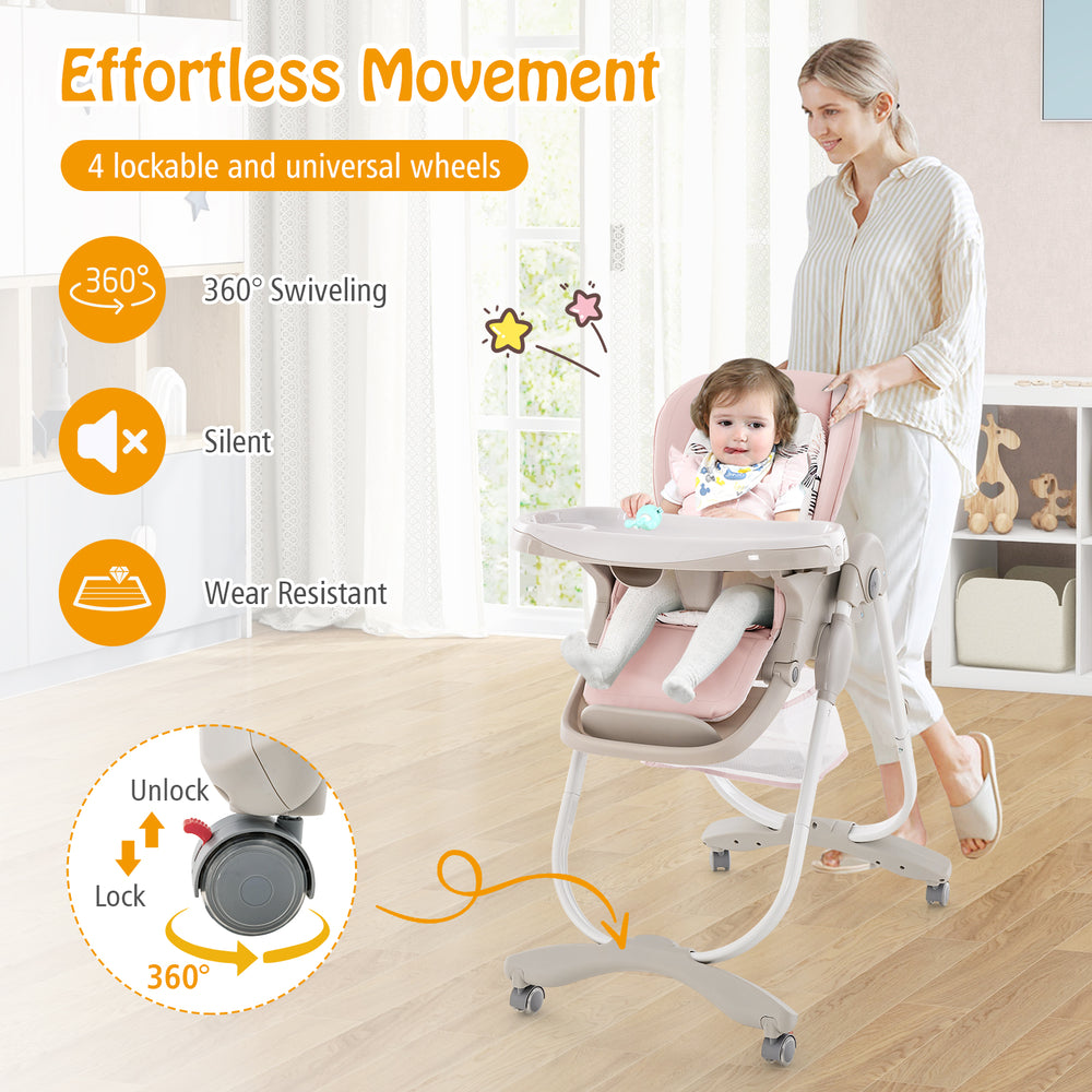 Multifunctional pink baby high chair with rolling wheels, adjustable height, and removable tray for easy cleaning and.