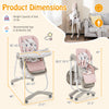 Multifunctional pink baby high chair with adjustable height, removable tray, and rolling wheels for easy mobility.