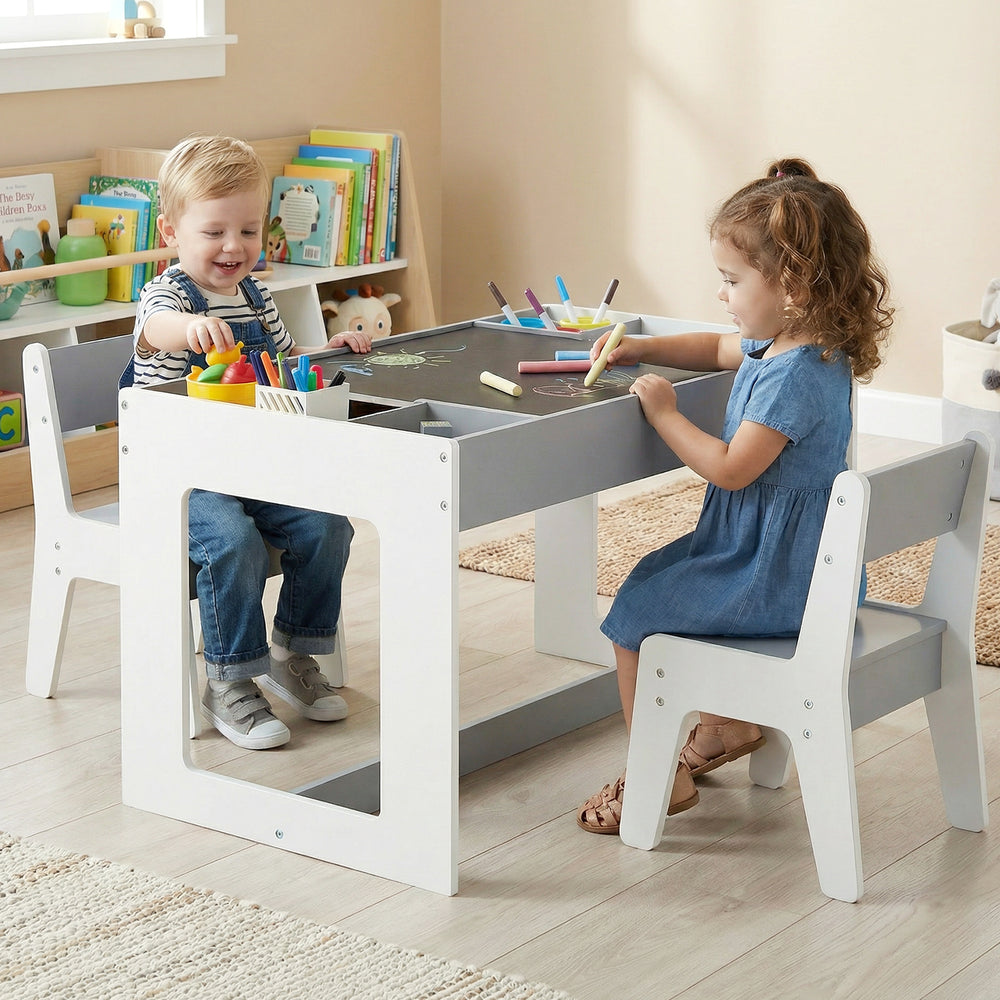 Multifunctional Kids Table and 2 Chairs Set with Chalkboard-Gray - Gallery View 1 of 11