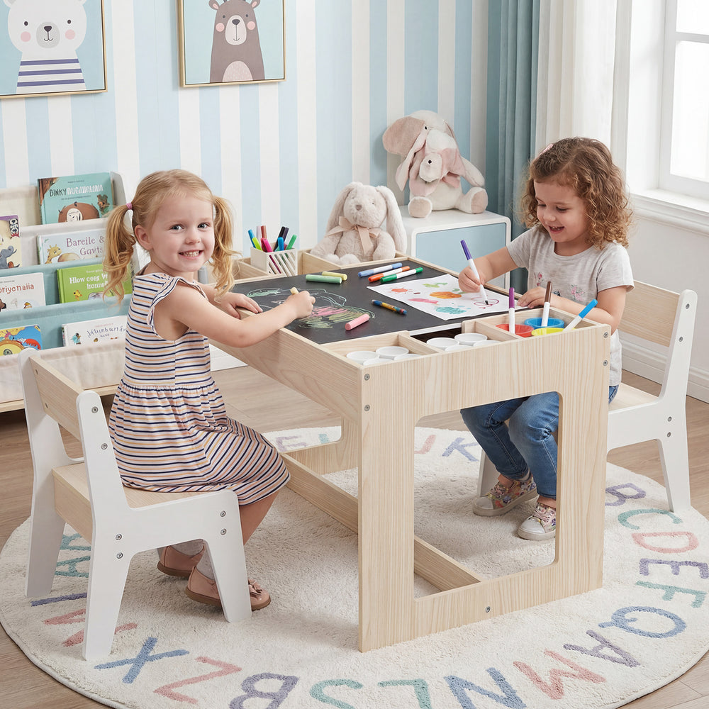 Multifunctional Kids Table and 2 Chairs Set with Chalkboard-Natural - Gallery View 1 of 11