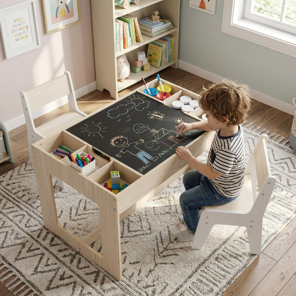 Kids table and chairs set featuring a chalkboard top, perfect for drawing and homework in a natural finish.
