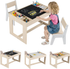 Kids table and 2 chairs set with chalkboard and whiteboard, perfect for homework, drawing, and safe play.