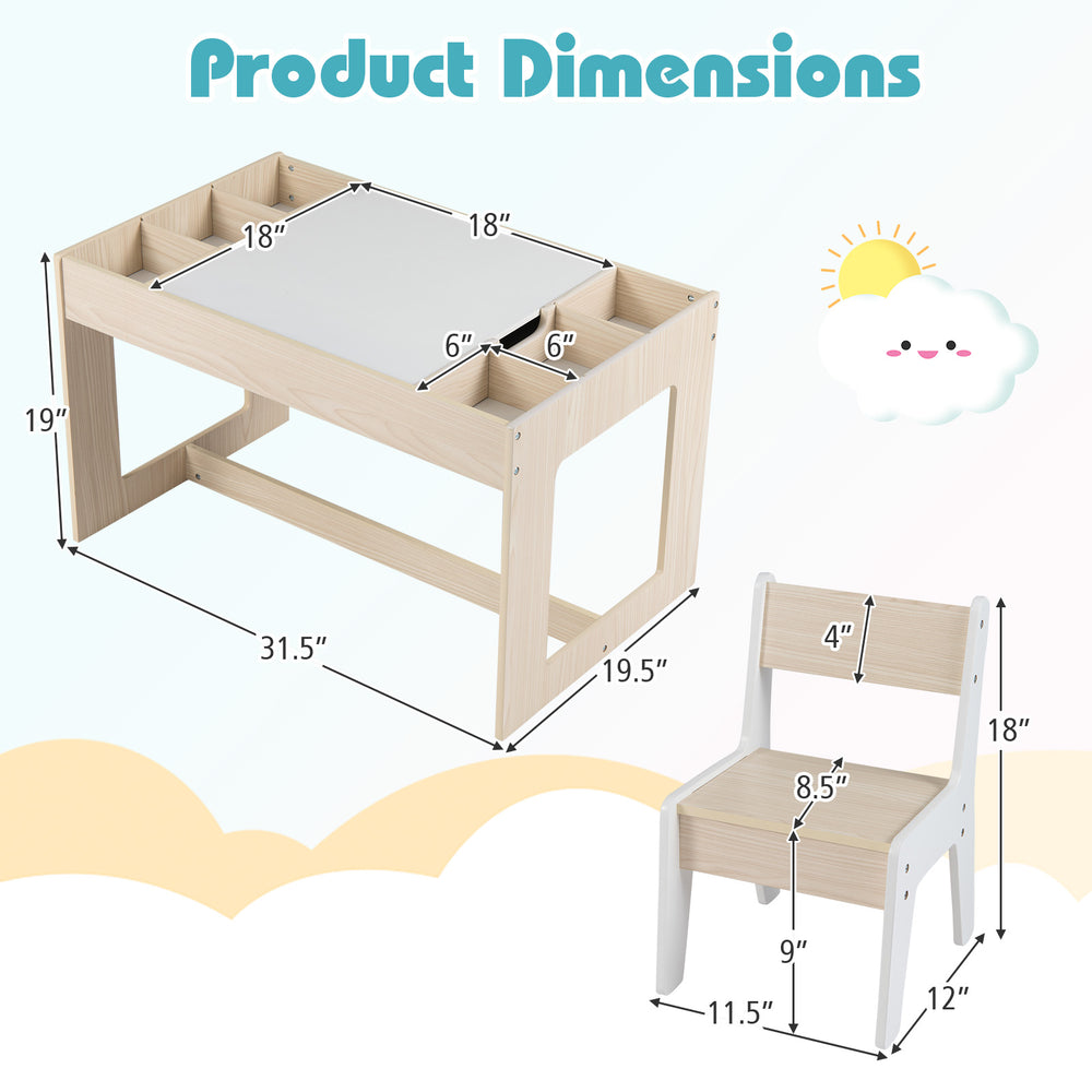 Multifunctional kids table with chalkboard and two chairs, featuring storage compartments and rounded corners for.