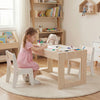 Kids table and 2 chairs set with chalkboard and whiteboard, perfect for homework, drawing, and play in natural finish.