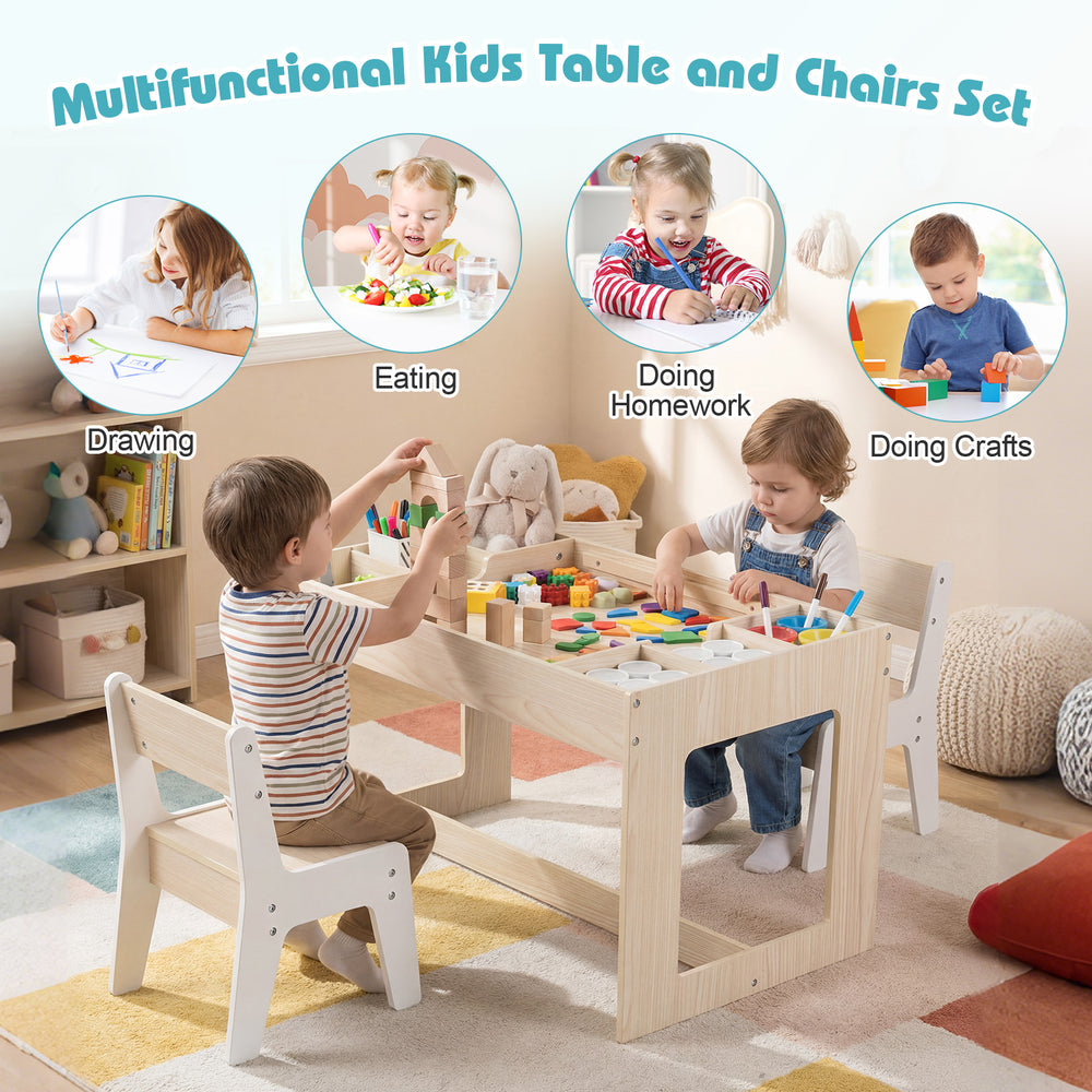Multifunctional kids table and 2 chairs set with chalkboard, perfect for drawing, homework, and crafts in natural.