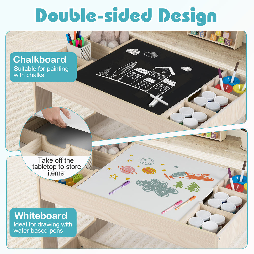 Multifunctional kids table with double-sided chalkboard and whiteboard, ideal for drawing and homework activities.