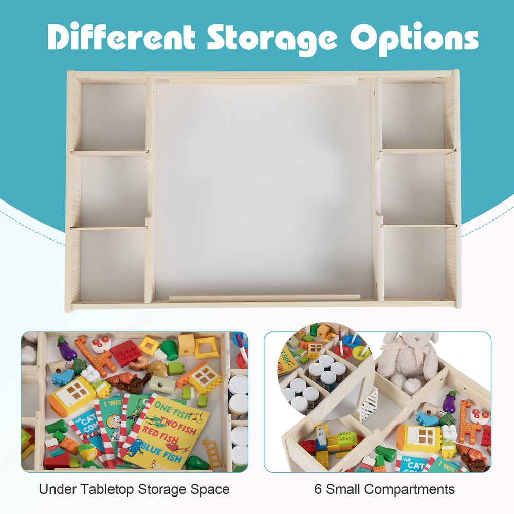 Multifunctional kids table with under tabletop storage and side compartments for flexible organization and play.