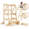 Multifunctional kids kitchen step stool with safety bar, serving as a toddler tower, step stool, and table set.
