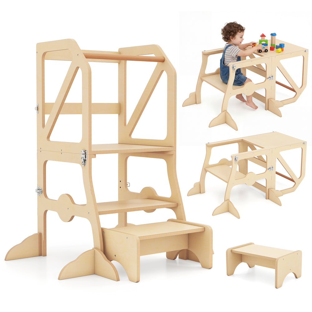 Multifunctional kids kitchen step stool with safety bar, serving as a toddler tower, step stool, and table set.