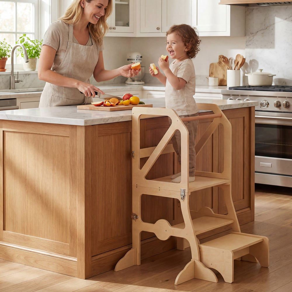 Kids kitchen step stool with removable safety bar, allowing toddlers to safely reach countertops for cooking and.