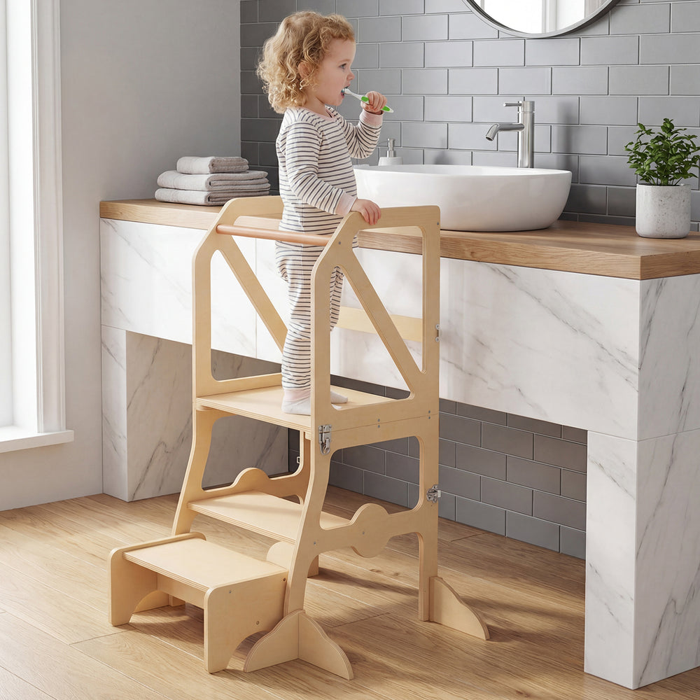 Multifunctional kids kitchen step stool with safety bar, ideal for cooking and reaching high places, featuring sturdy.