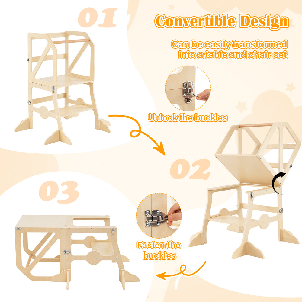 Multifunctional kids kitchen step stool with removable safety bar, shown in convertible table and chair set design.