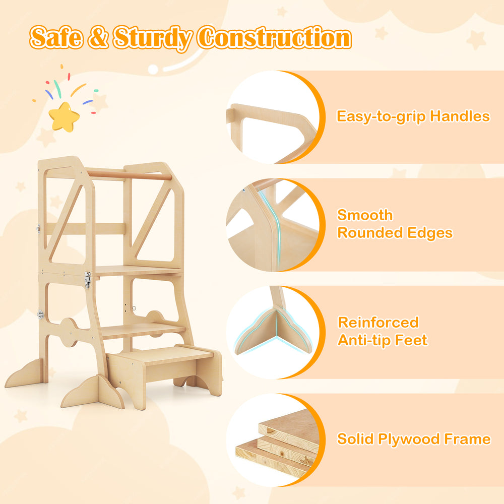 Multifunctional kids kitchen step stool with removable safety bar, sturdy plywood frame, and easy-to-grip handles for.