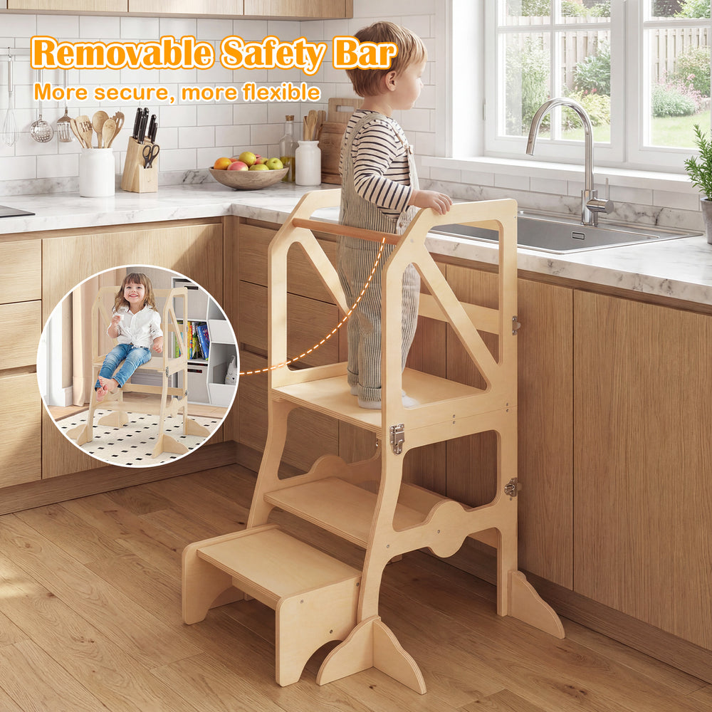 Kids kitchen step stool with removable safety bar, sturdy design for cooking and reaching high places, safe and stable.