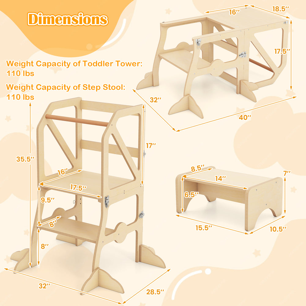 Multifunctional kids kitchen step stool with removable safety bar, dimensions shown for safe use and stability.