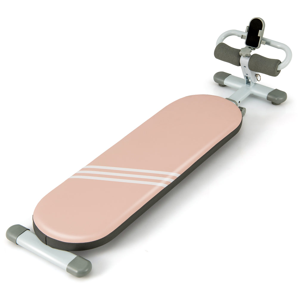 Multifunctional pink sit-up bench with adjustable angles, foldable design, and sturdy metal construction for versatile.