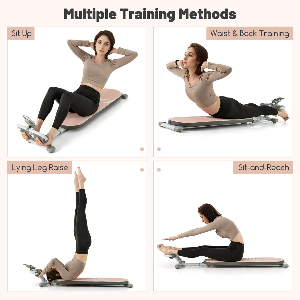 Multifunctional sit-up bench in pink, showcasing adjustable angles and exercises for versatile home workouts.