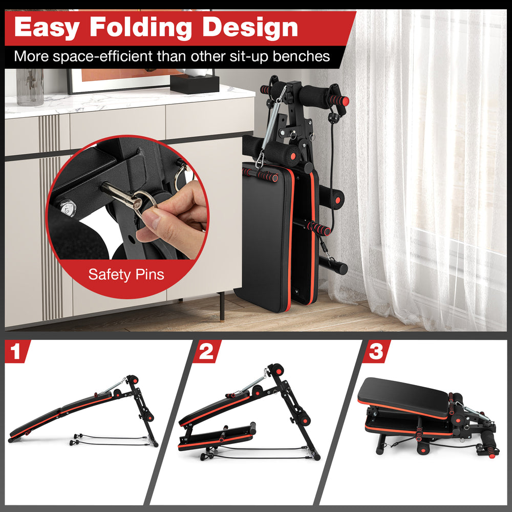 Multifunctional sit-up bench in a folded position, featuring adjustable metal design for easy storage and versatile.
